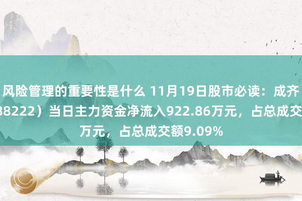 风险管理的重要性是什么 11月19日股市必读：成齐先导（688222）当日主力资金净流入922.86万元，占总成交额9.09%