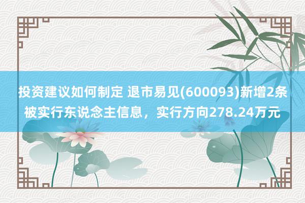 投资建议如何制定 退市易见(600093)新增2条被实行东说念主信息，实行方向278.24万元