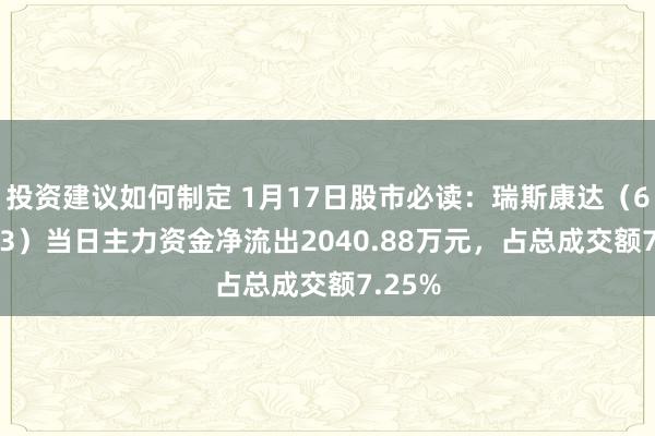 投资建议如何制定 1月17日股市必读：瑞斯康达（603803）当日主力资金净流出2040.88万元，占总成交额7.25%